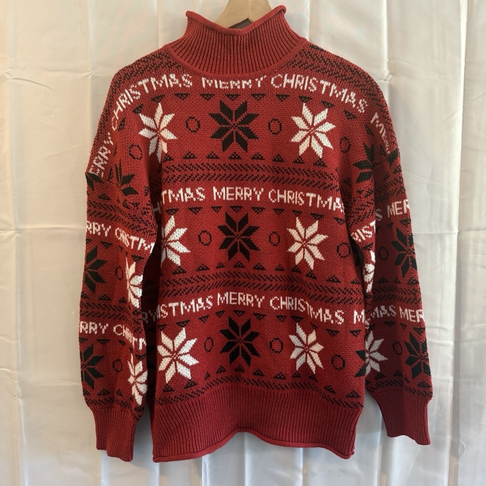 Ugly Christmas Sweater Womens M Mock Neck Fair Isle Red Poinsettia Knit Holiday